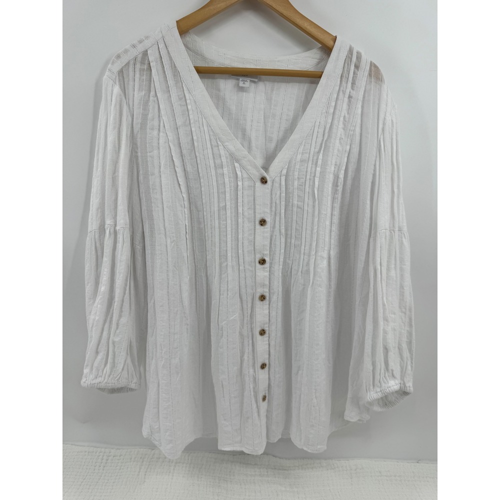 J. Jill Pintuck Gauze Button Front Boho Top Blouse Size XL Tall White 3/4 Sleeve